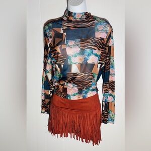 Bundle Printed Mesh Mock Neck Top Sheer Long Sleeve Floral Tiger Patchwork